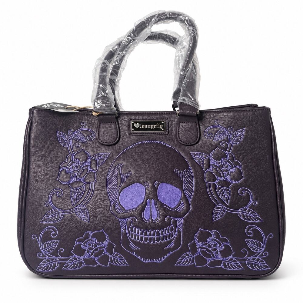 NWT Loungefly Skull Rose Tote Bag Purple Black Gothic Floral Shoulder Handbag